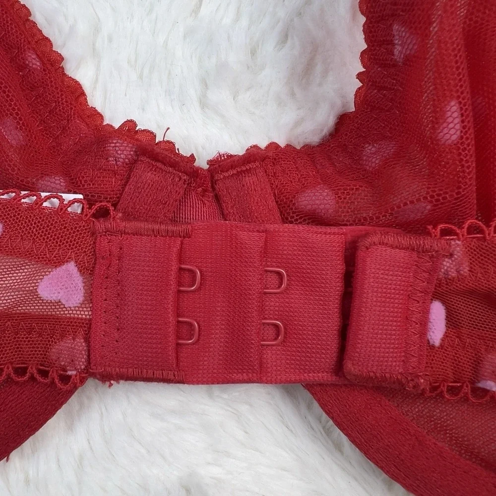 Victoria's‎ Secret Tease Hearts Mesh Unlined Demi Bra Red White Hearts 34D NWT